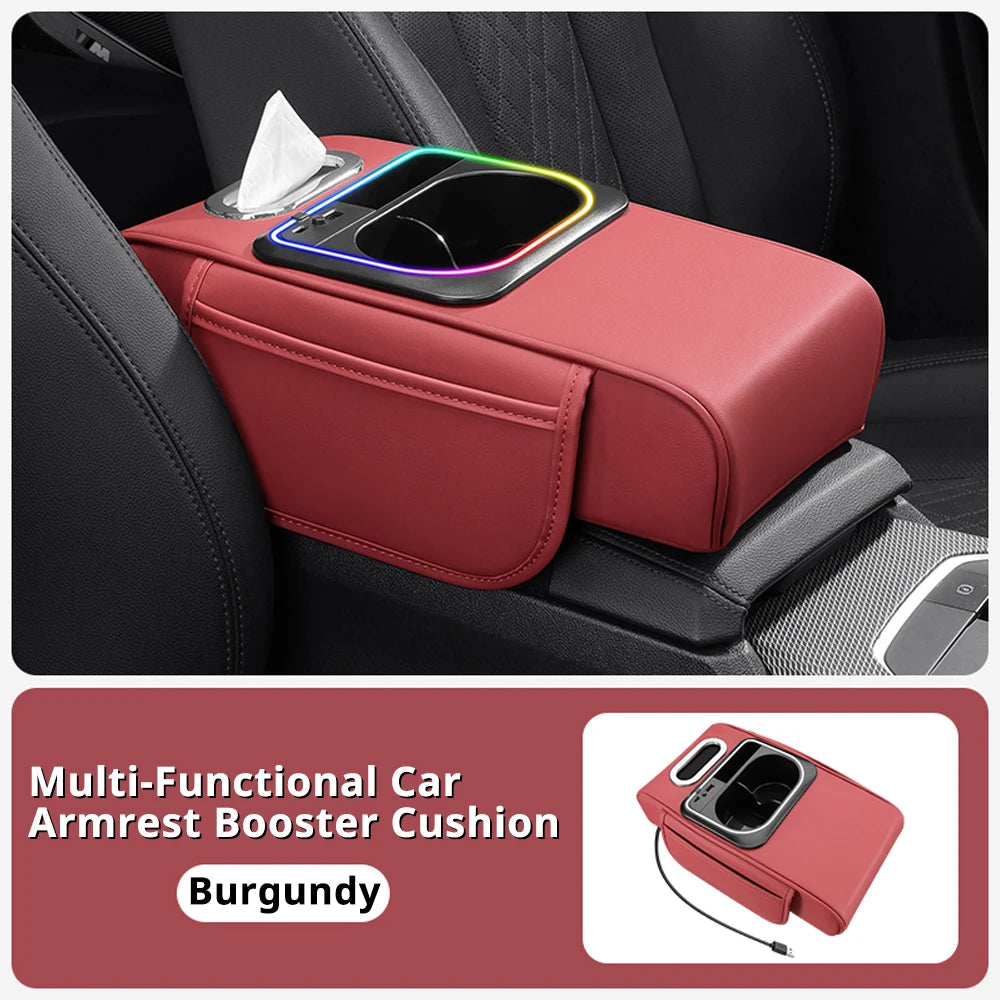 Multifunctional Car Armrest Cushion — Center Console Organizer with Fast Charger, LED Light & Storage | 5 Colors