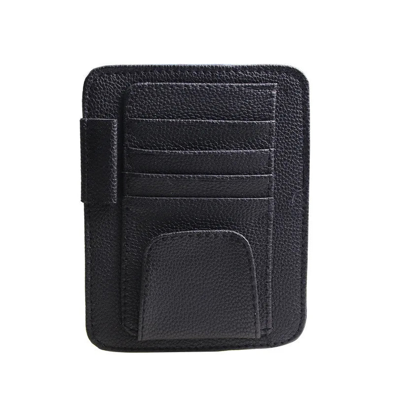 Car Sun Visor Organizer — PU Leather Glasses, Card & Bill Holder Clip | Black & Beige