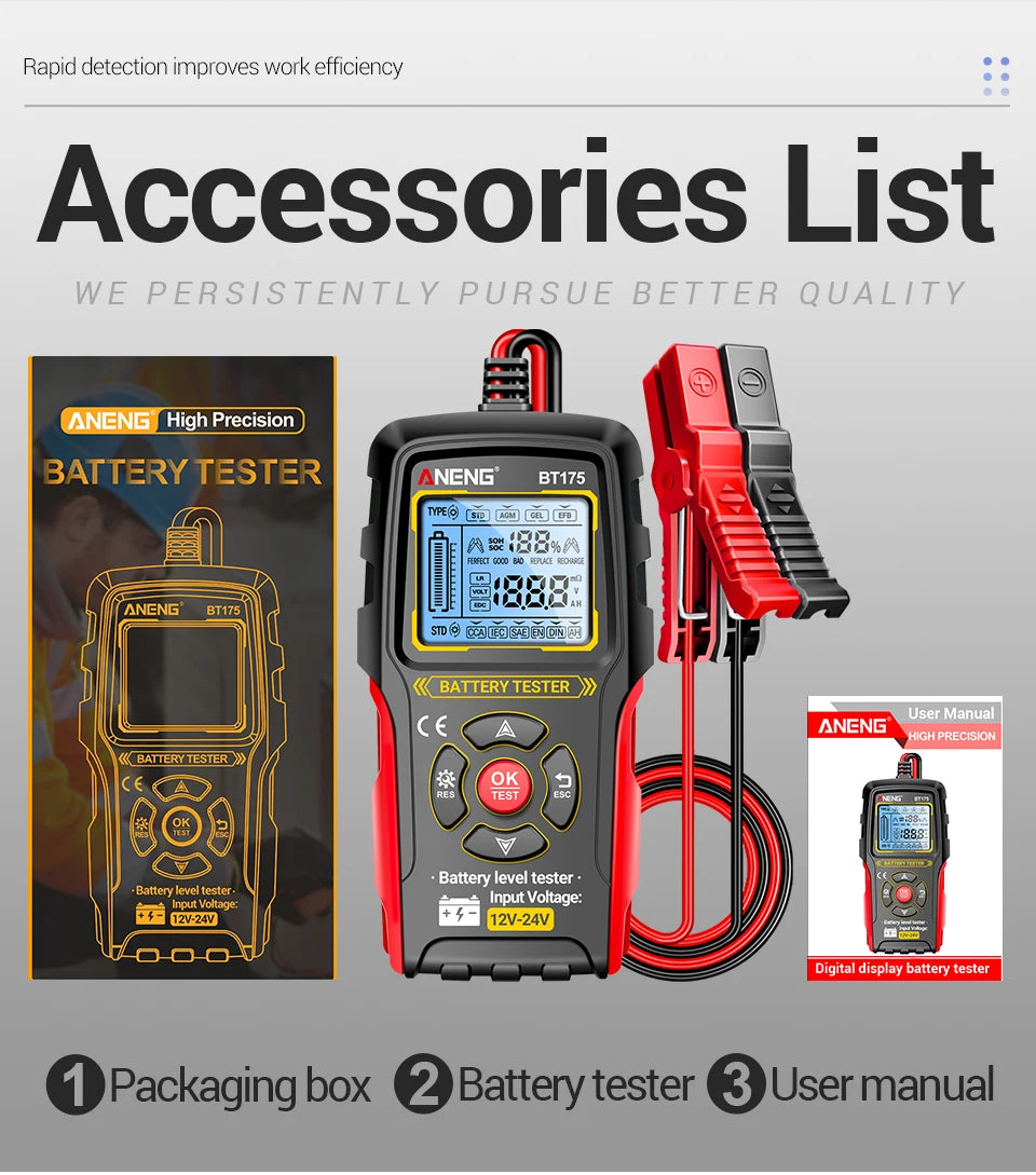 12V 24V Car Battery Tester Digital Automotive Load Tester 50-1999 CCA Battery Analyzer ANENG BT175 With Insulated Alligator Clip