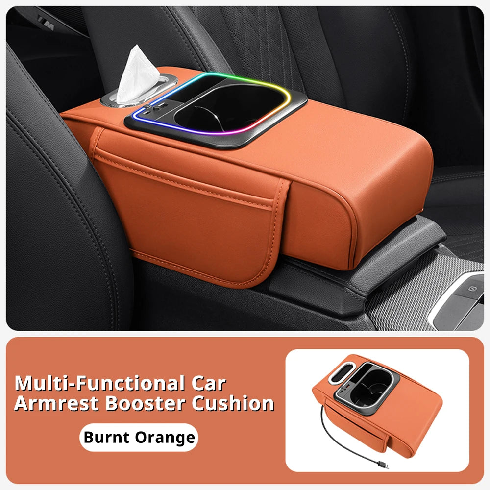 Multifunctional Car Armrest Cushion — Center Console Organizer with Fast Charger, LED Light & Storage | 5 Colors