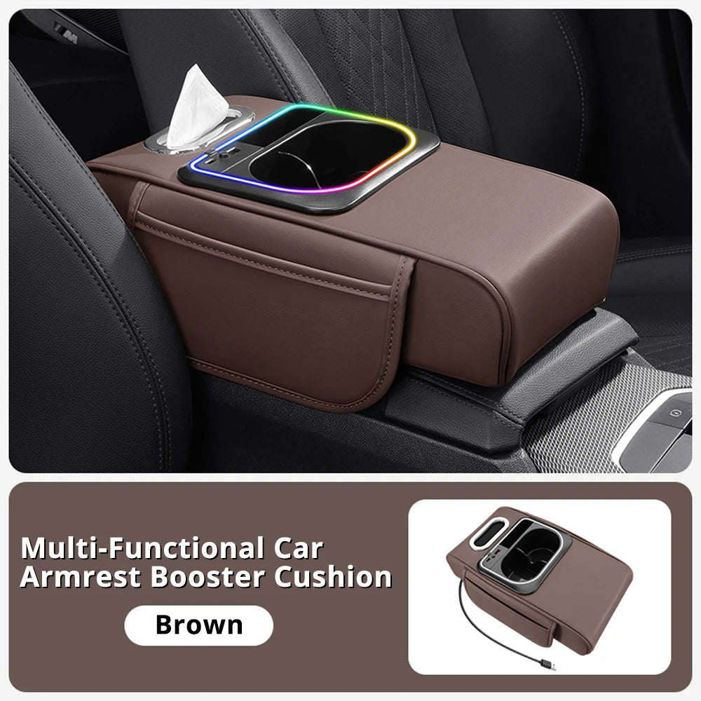 Multifunctional Car Armrest Cushion — Center Console Organizer with Fast Charger, LED Light & Storage | 5 Colors