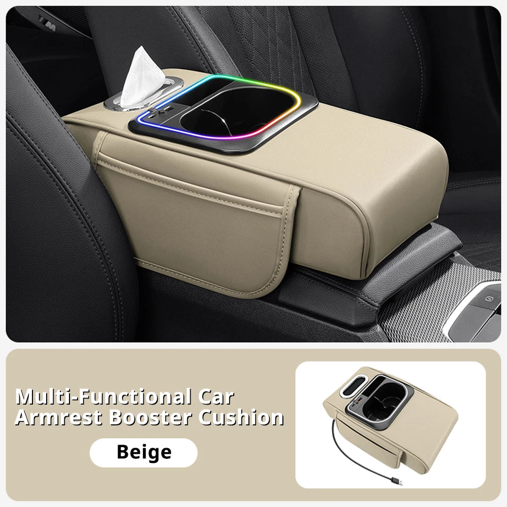 Multifunctional Car Armrest Cushion — Center Console Organizer with Fast Charger, LED Light & Storage | 5 Colors