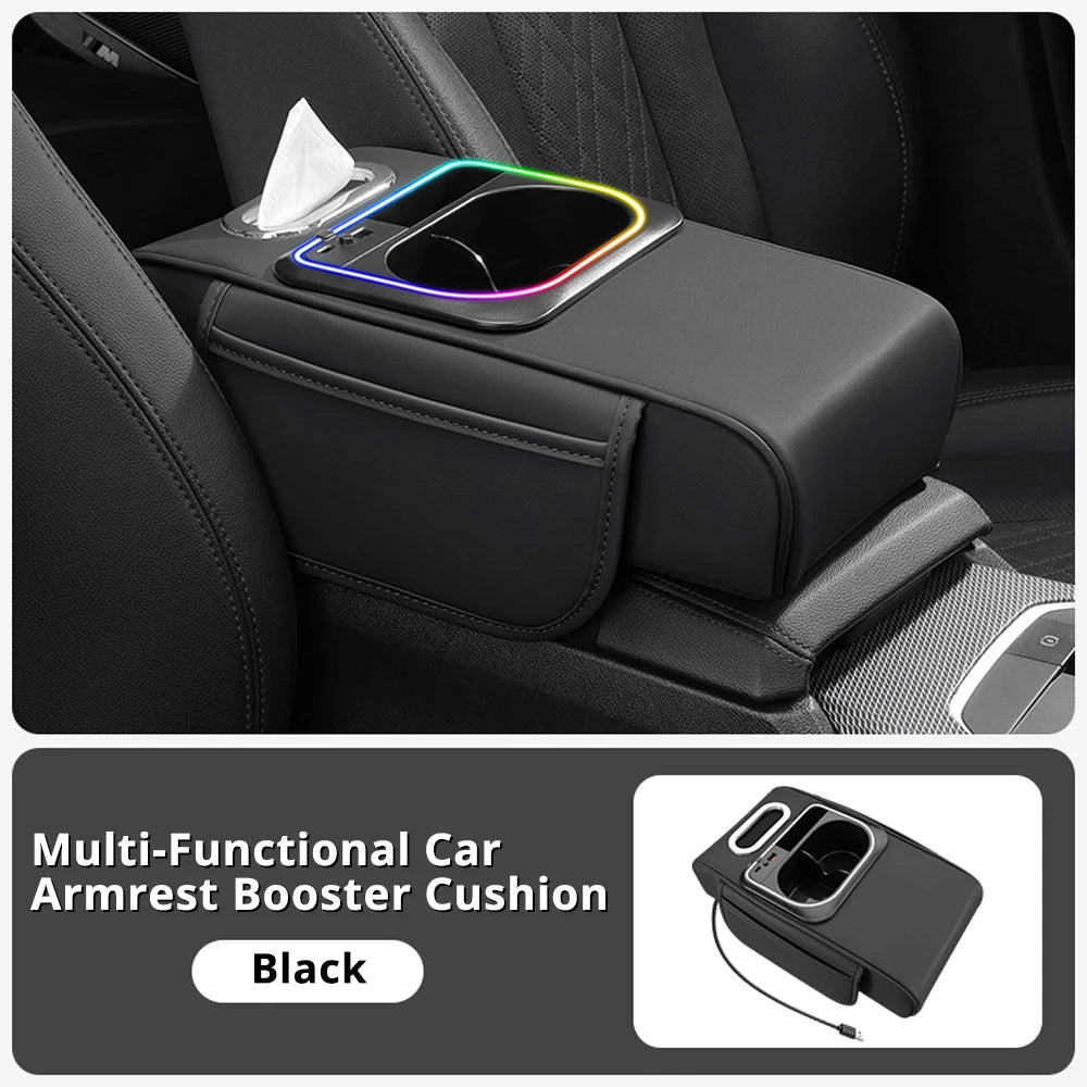 Multifunctional Car Armrest Cushion — Center Console Organizer with Fast Charger, LED Light & Storage | 5 Colors