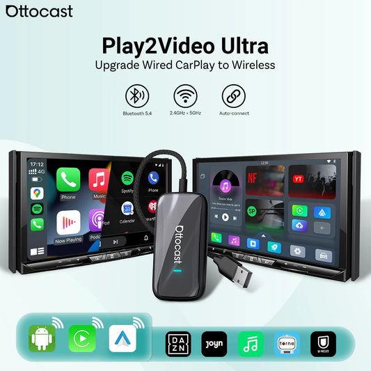OTTOCAST Play2Video Ultra — Wireless CarPlay AI Box | YouTube, Netflix & IPTV Streaming for Car
