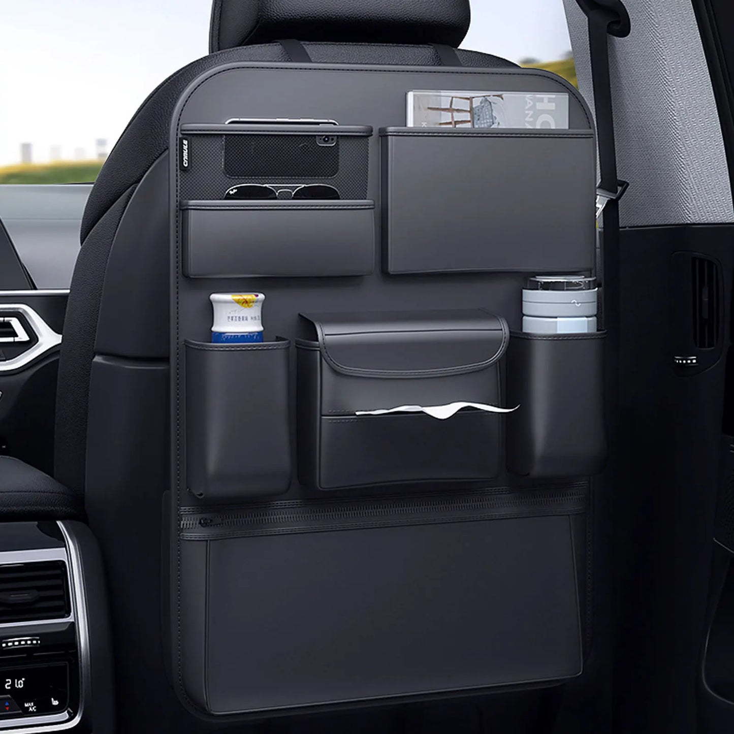 Premium PU Leather Car Seat Back & Trunk Organizer — 5-Pocket Multi-Use Storage