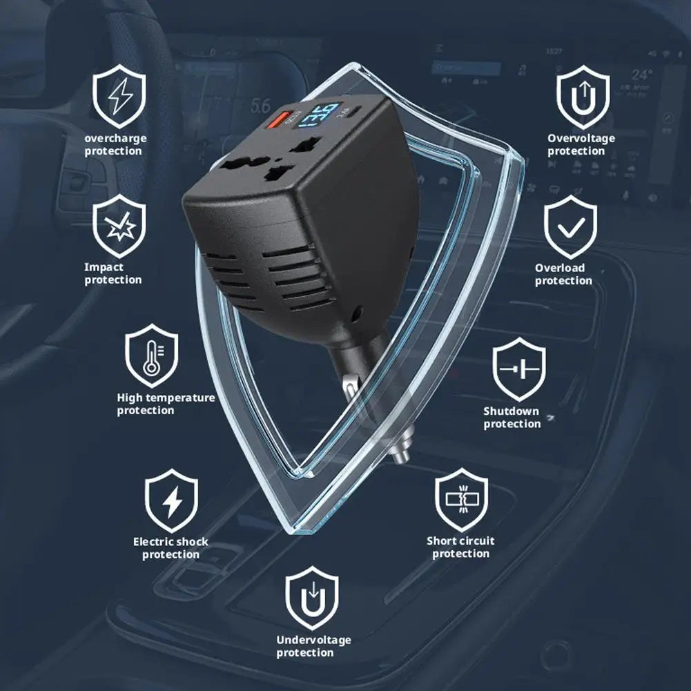 150W Car Power Inverter — DC 12V/24V to AC 220V with PD3.0 USB-C & USB-A Fast Charging