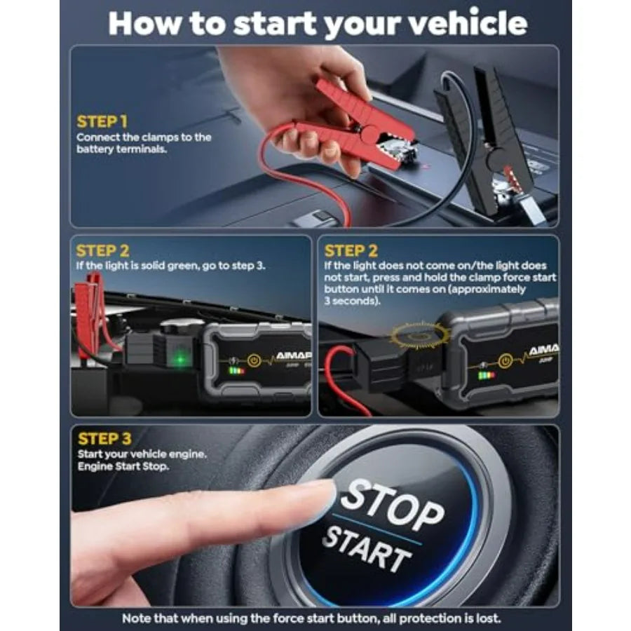 Portable Car Battery Jump Starter 8000A 20000mAh Jump Box with Fast Charge & Built-in Light — Compatible with All Gas Engines