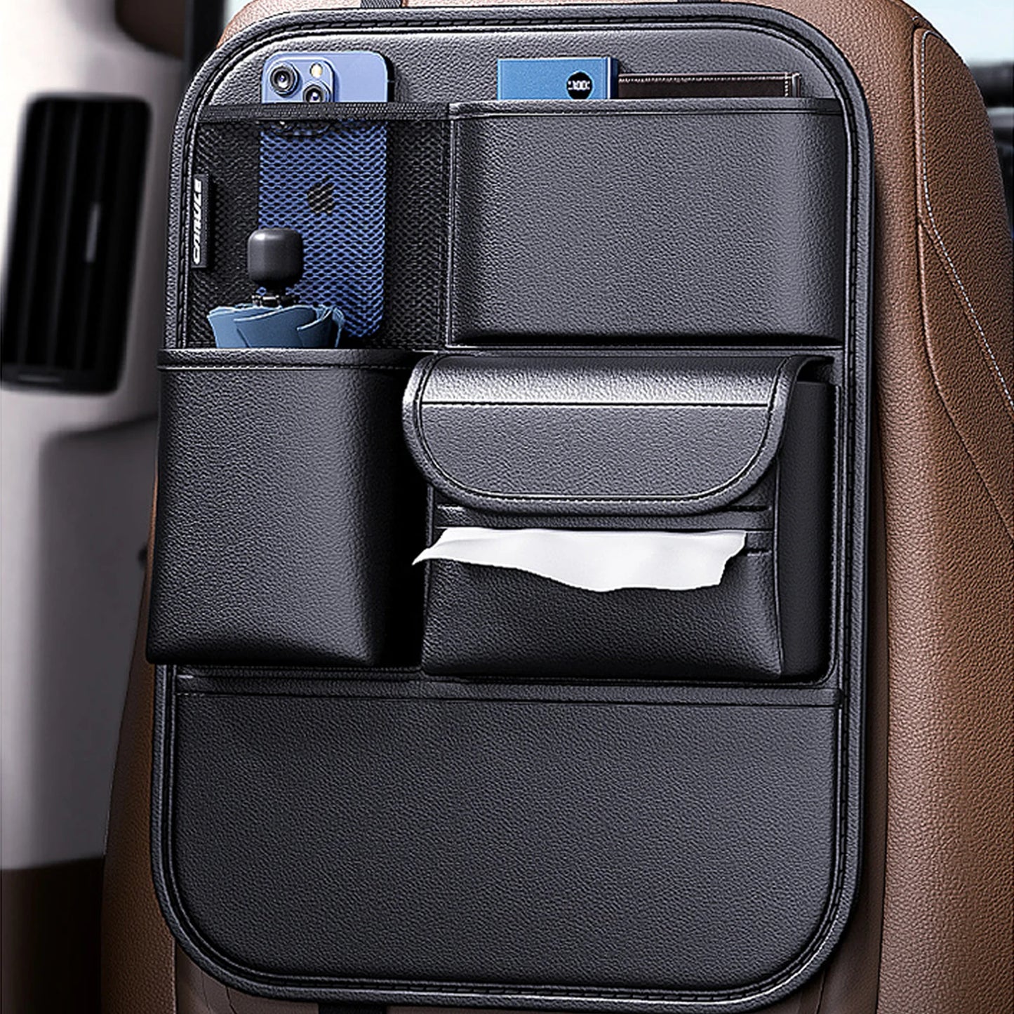 Premium PU Leather Car Seat Back & Trunk Organizer — 5-Pocket Multi-Use Storage