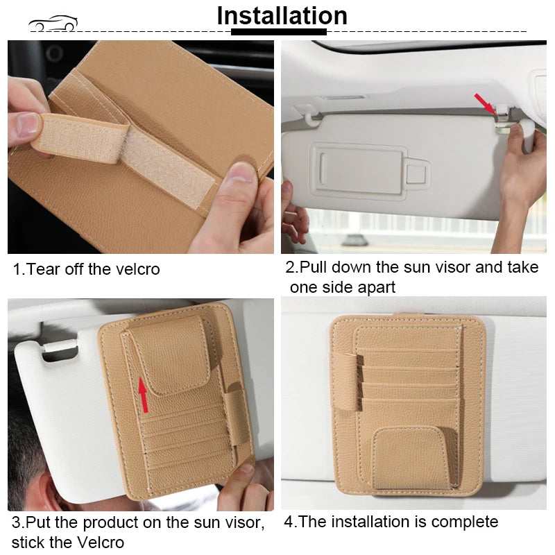 Car Sun Visor Organizer — PU Leather Glasses, Card & Bill Holder Clip | Black & Beige