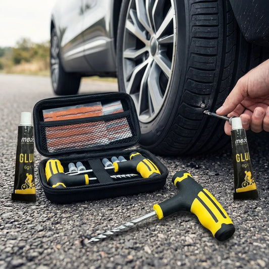 Professional Tire Puncture Repair Kit — T-Handle Tools, Strips & Glue for Car, Truck & Motorcycle