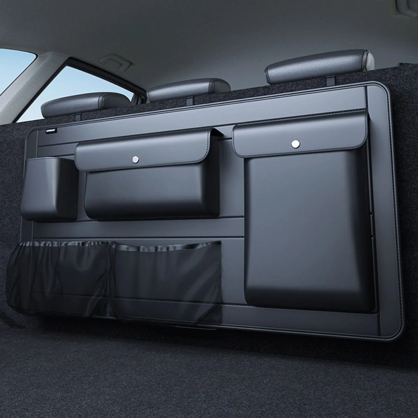 Premium PU Leather Car Seat Back & Trunk Organizer — 5-Pocket Multi-Use Storage