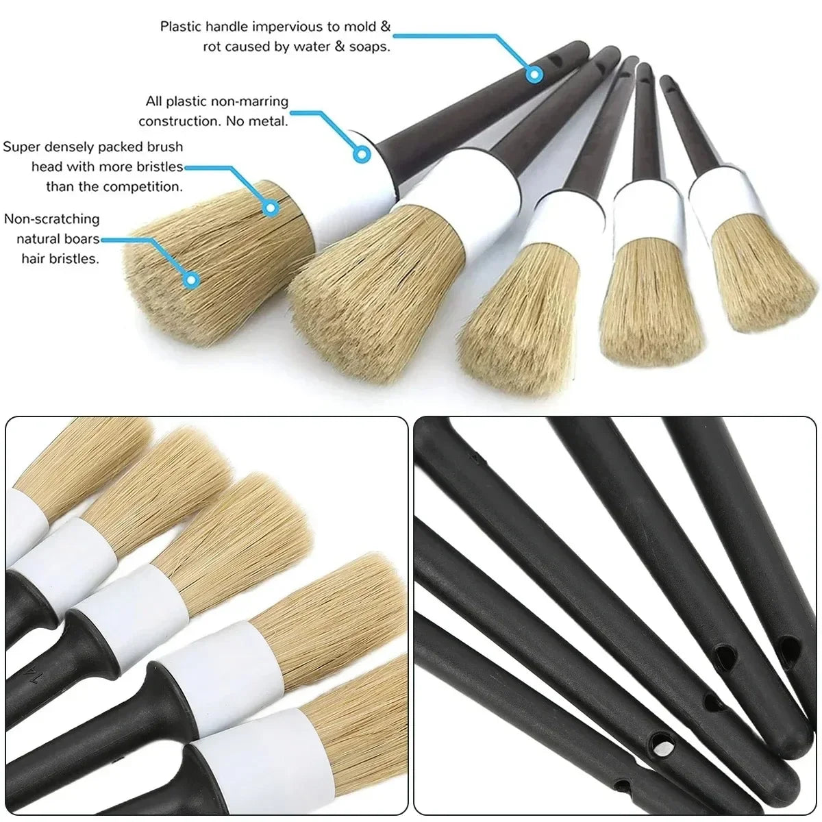 Car Detailing Brush Set — Natural Boar Hair Brushes for Air Vents, Rims & Interior Cleaning