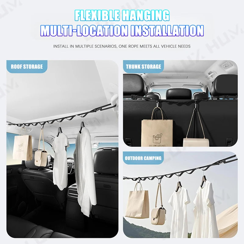 Portable Car Clothes Hanger Rope 10KG Large-Bearing Car Clothesline 83cm-119cm Adjustable Clothes Storage Hanger for Traveling