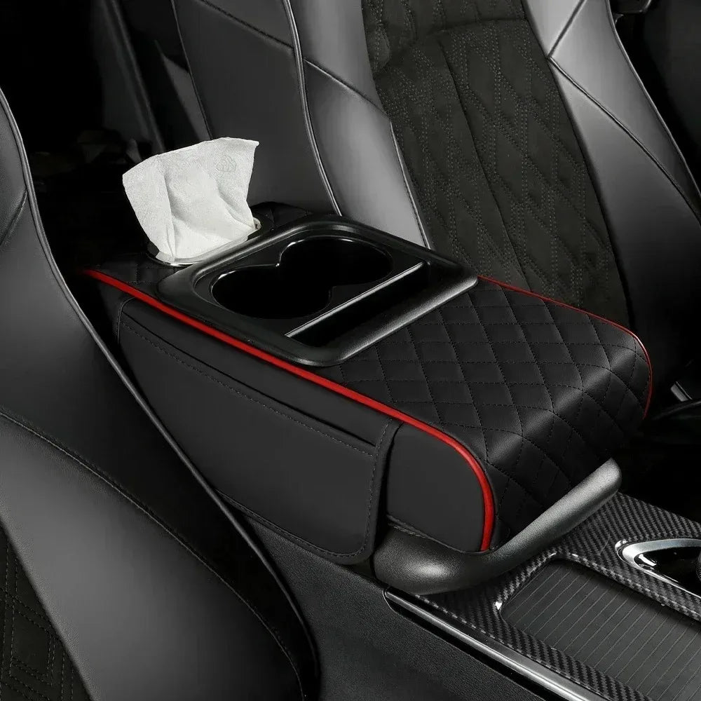 Car Armrest Storage Box — Center Console Organizer with Heightening Cushion & Cup Holder | 2 Colors