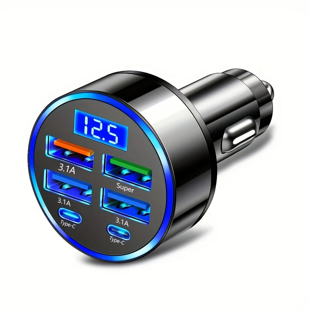 6-in-1 Fast Charging Car Adapter — 3.1A Dual USB-C with Digital Display | Portable Car Charger