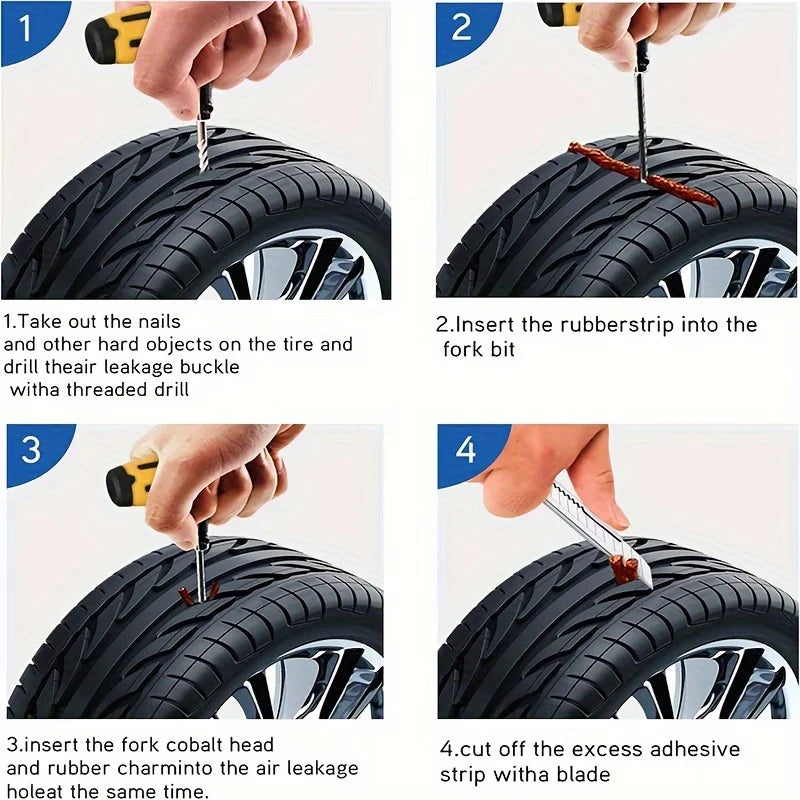 Portable Car Tire Puncture Repair Kit T-Handle Tools Glue Strips Universal for Truck Motorcycle RV Roadside Safety