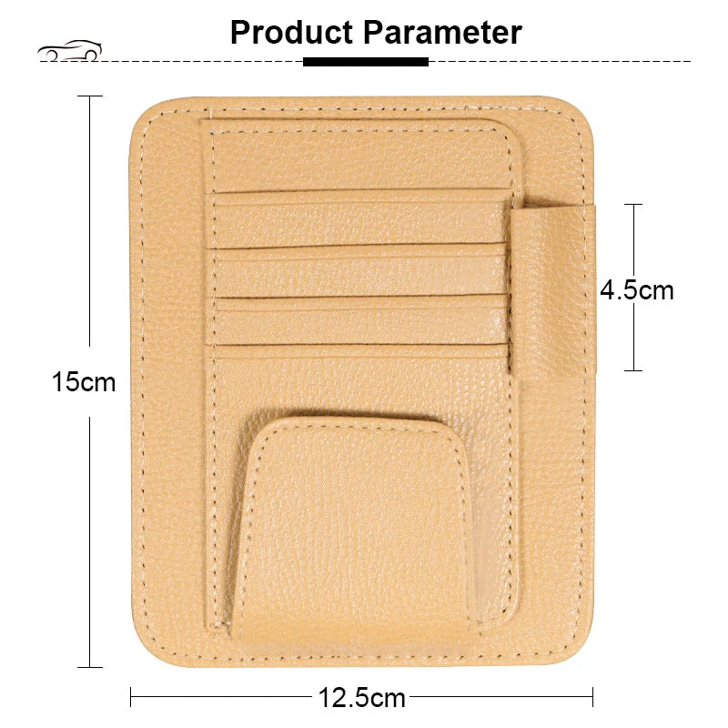 Car Sun Visor Organizer — PU Leather Glasses, Card & Bill Holder Clip | Black & Beige