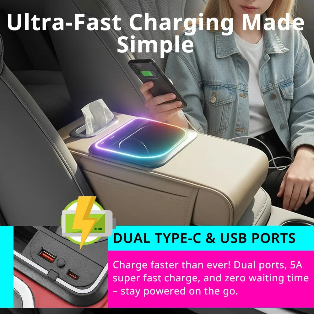 Multifunctional Car Armrest Cushion — Center Console Organizer with Fast Charger, LED Light & Storage | 5 Colors