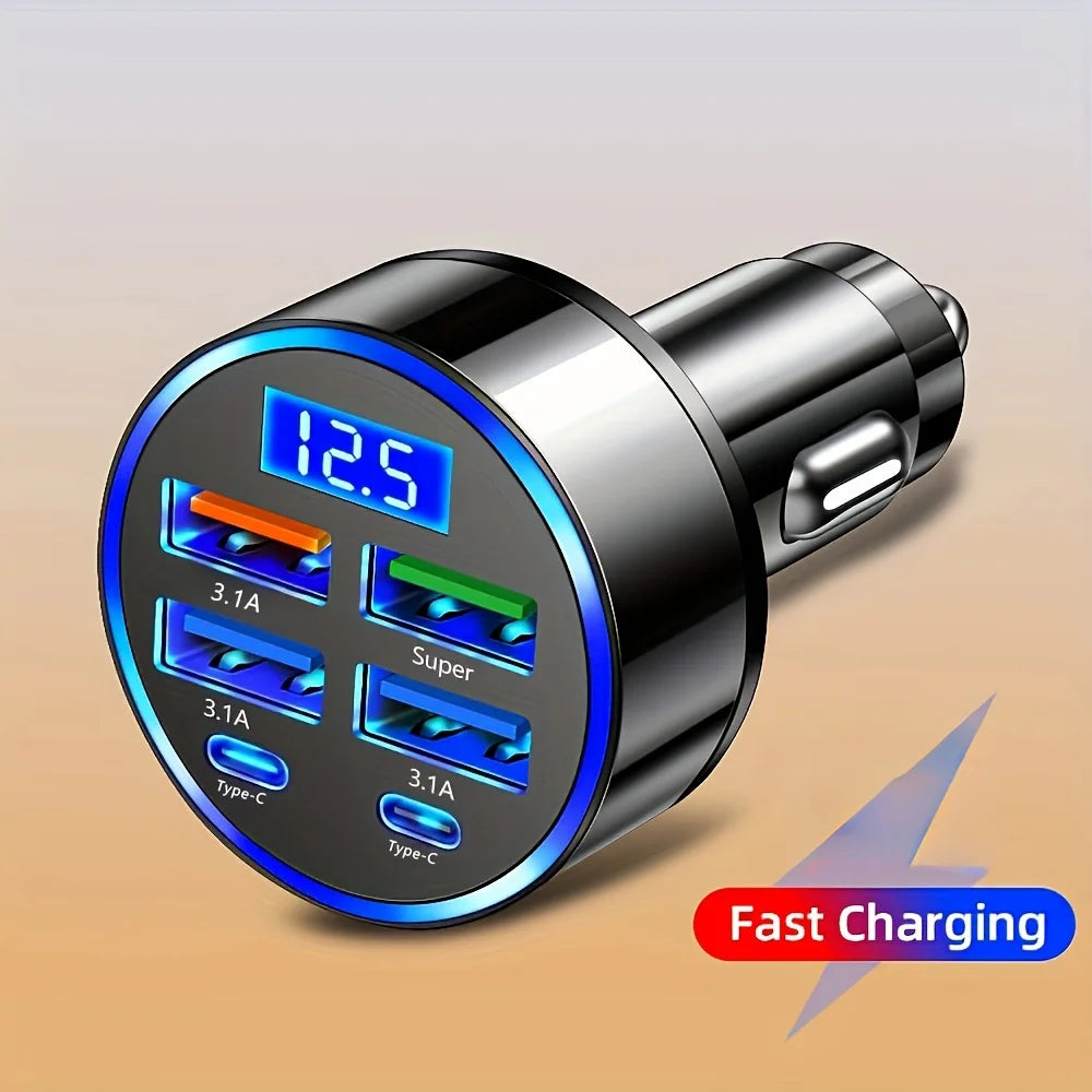 6-in-1 Fast Charging Car Adapter — 3.1A Dual USB-C with Digital Display | Portable Car Charger