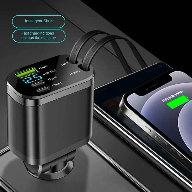 5-in-1 Car Charger | PD Fast Charging + Retractable Cable