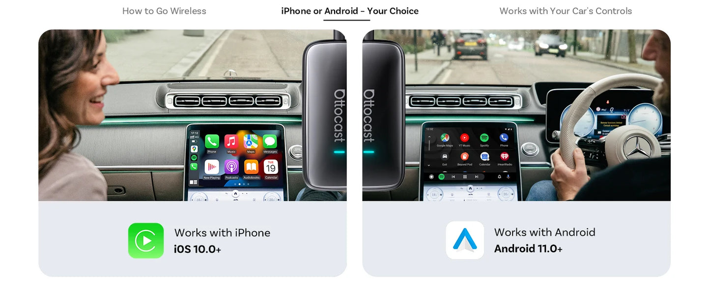 OTTOCAST Play2Video Ultra Wireless CarPlay AI Box Video Streaming for Car YouTube Netflix IPTV Plug&Play for Factory Wired CarPl