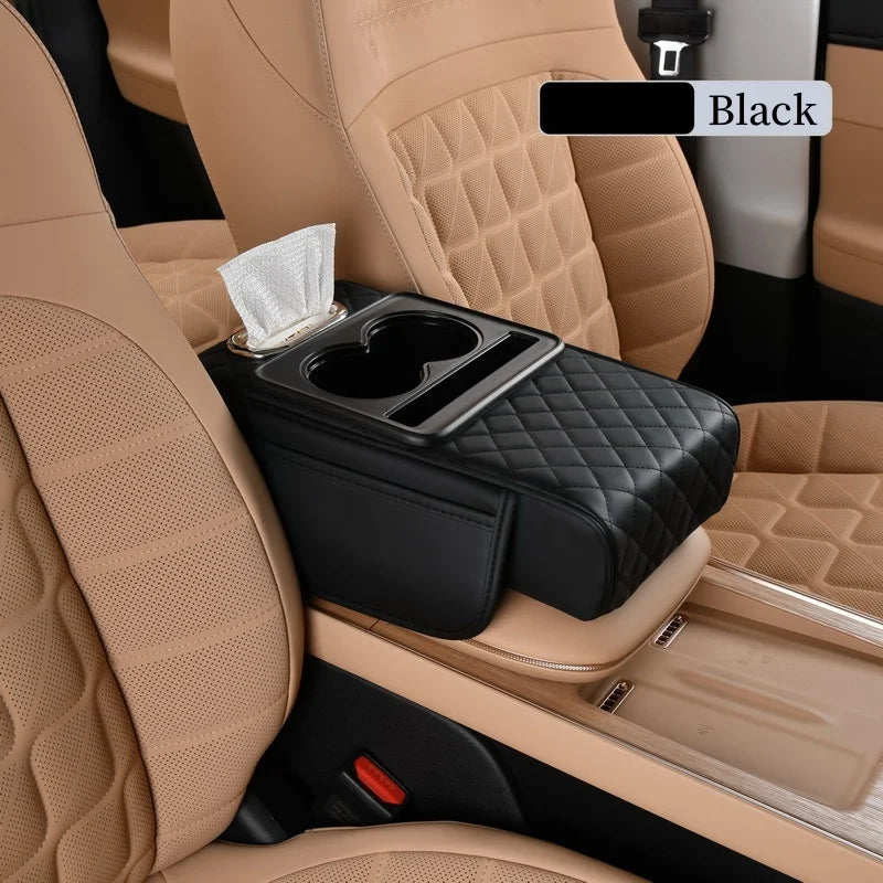 Car Center Console Cover — Nappa Leather Armrest Cushion with Cup Holders, Phone Slot & Storage | 2 Colors