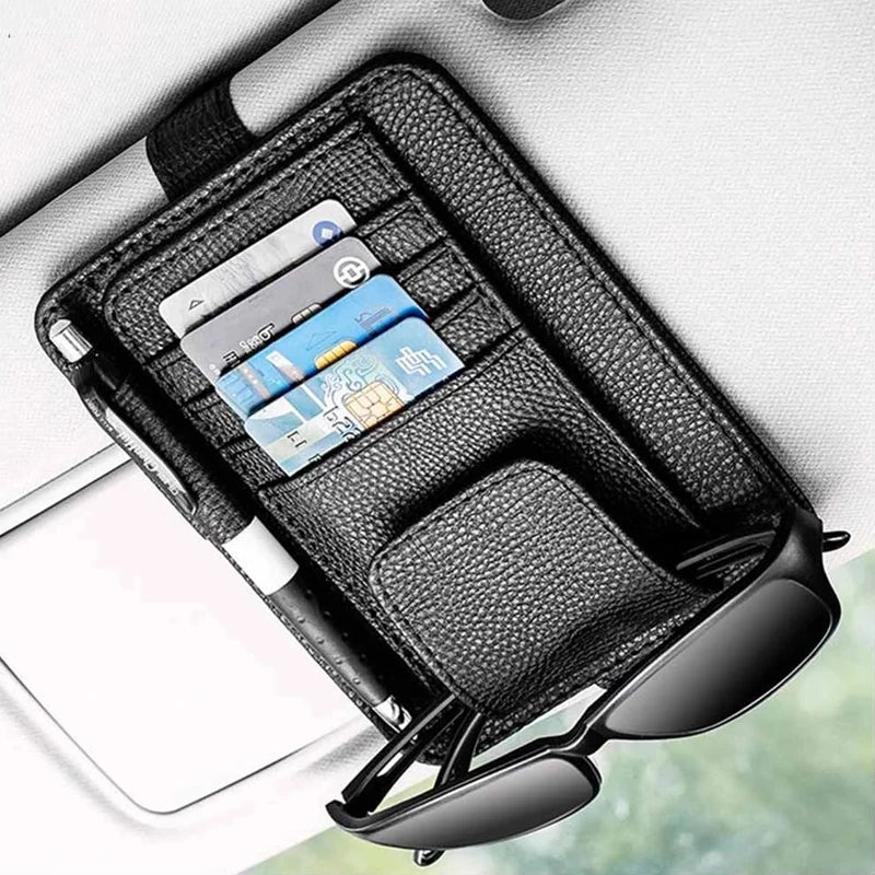 Car Sun Visor Organizer — PU Leather Glasses, Card & Bill Holder Clip | Black & Beige
