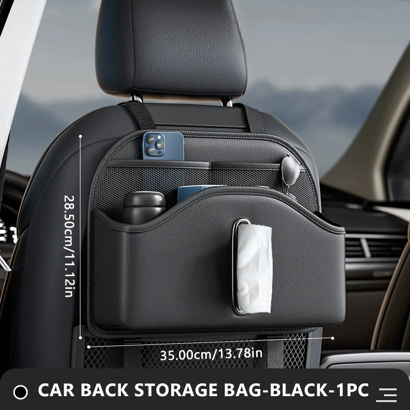 SEAMETAL Car Back Seat Organizer — PU Leather Multi-Pocket Seatback Storage Bag with Tissue Holder