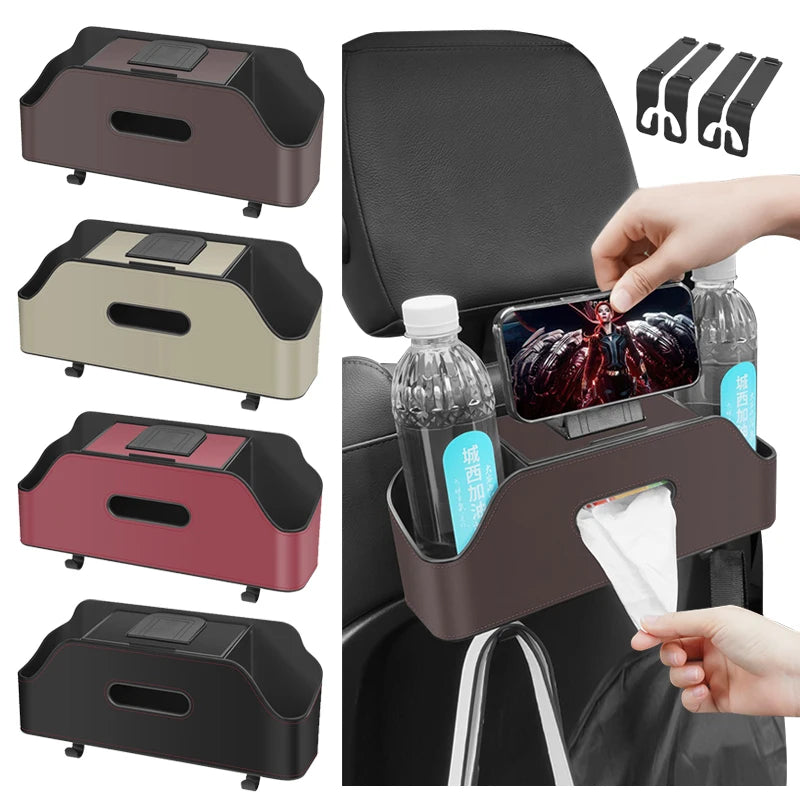 Car Backseat 3-in-1 Organizer Storage Box — Cup Holder, Tissue & Phone Slot with Hooks | 4 Colors