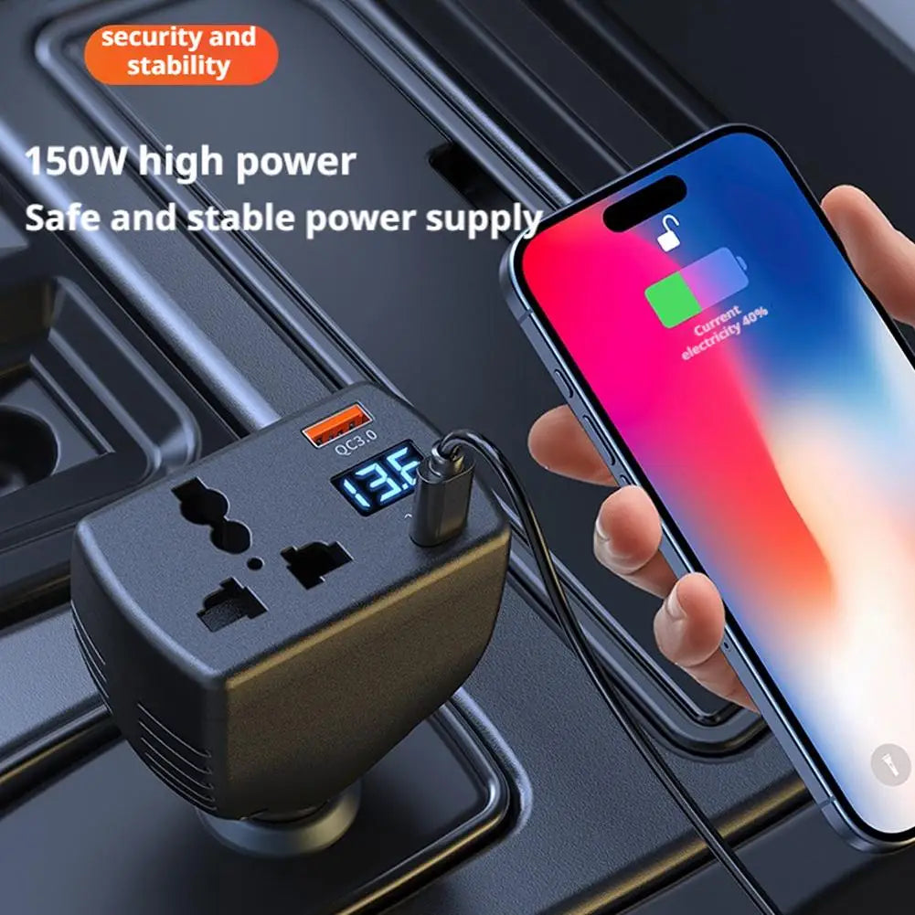 150W Car Power Inverter — DC 12V/24V to AC 220V with PD3.0 USB-C & USB-A Fast Charging