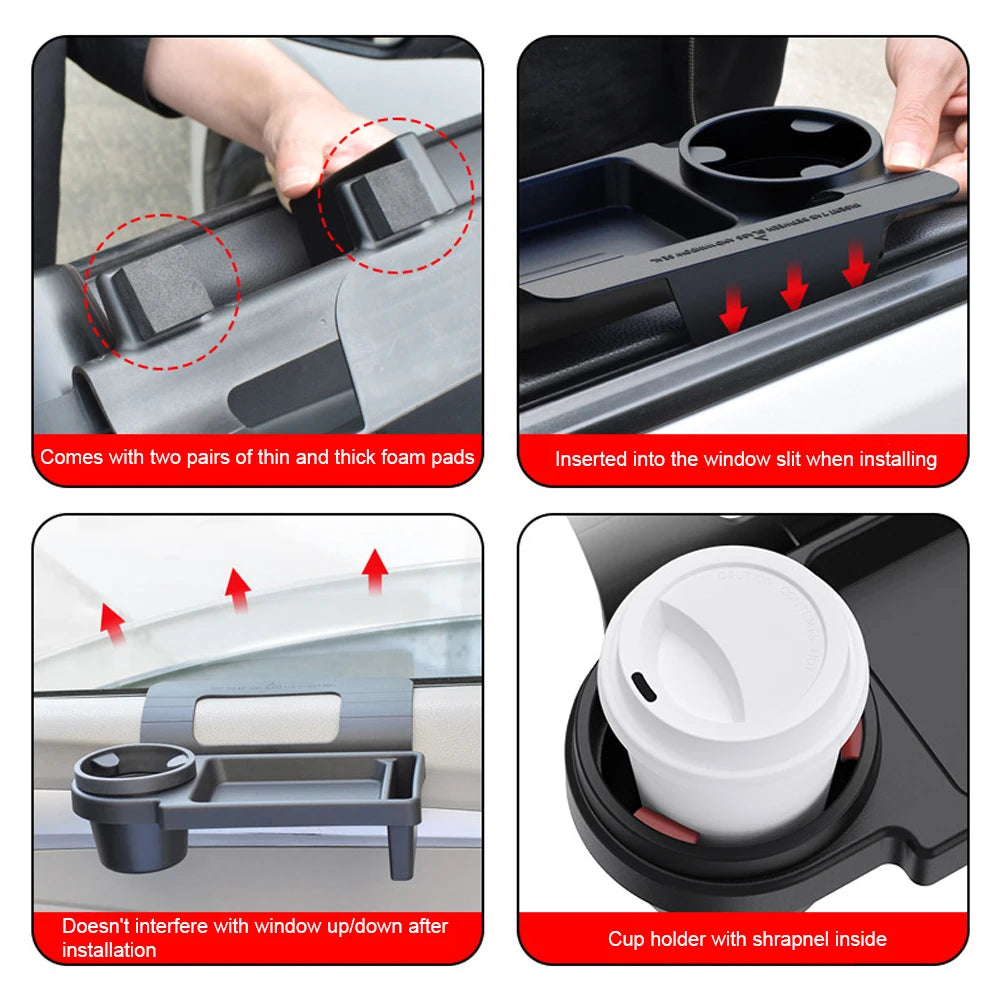 Car Side Door Window Hanging Organizer — Cup Holder, Phone Slot & Storage Pocket | ABS Black