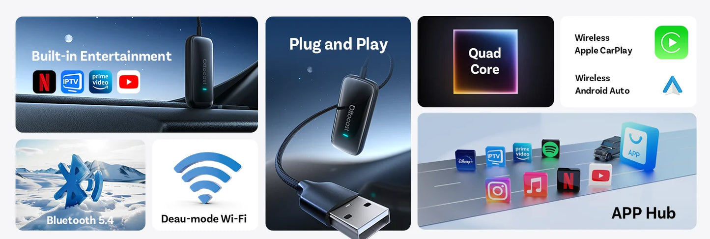 OTTOCAST Play2Video Ultra Wireless CarPlay AI Box Video Streaming for Car YouTube Netflix IPTV Plug&Play for Factory Wired CarPl