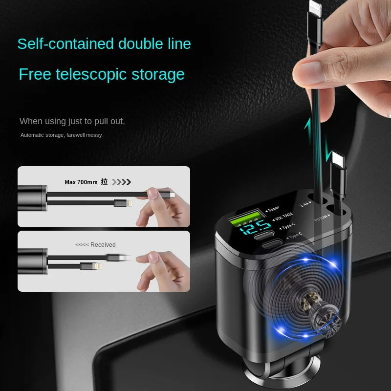 5-in-1 Car Charger | PD Fast Charging + Retractable Cable
