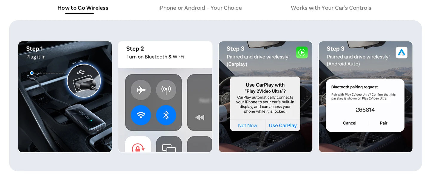 OTTOCAST Play2Video Ultra Wireless CarPlay AI Box Video Streaming for Car YouTube Netflix IPTV Plug&Play for Factory Wired CarPl