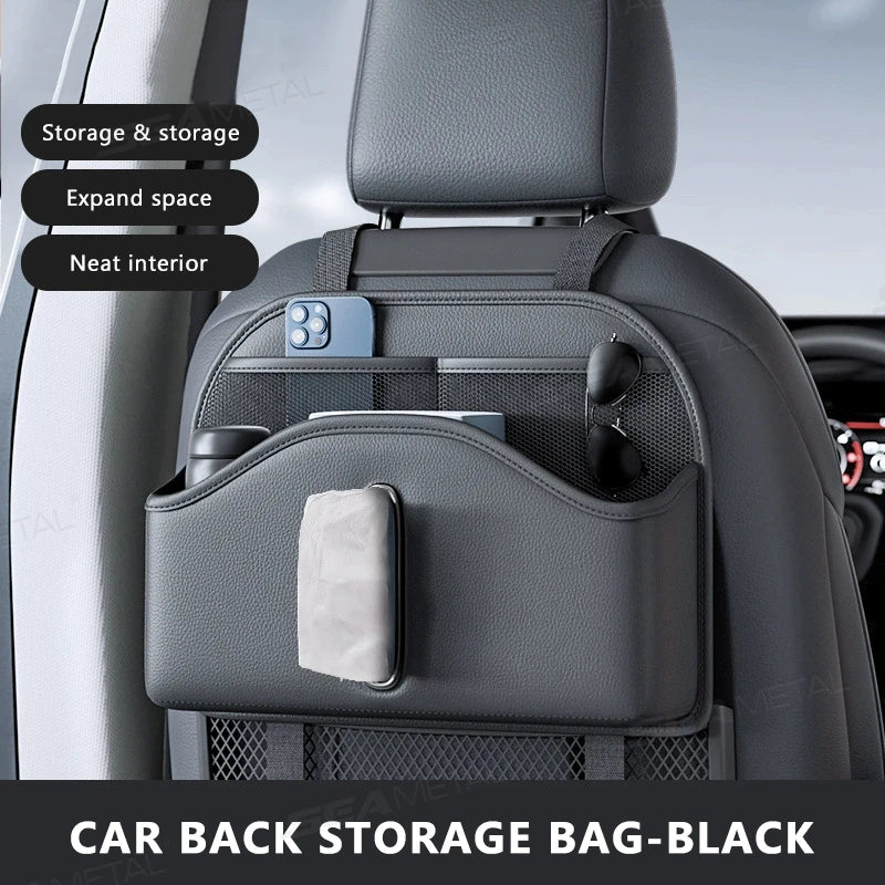 SEAMETAL Car Back Seat Organizer — PU Leather Multi-Pocket Seatback Storage Bag with Tissue Holder