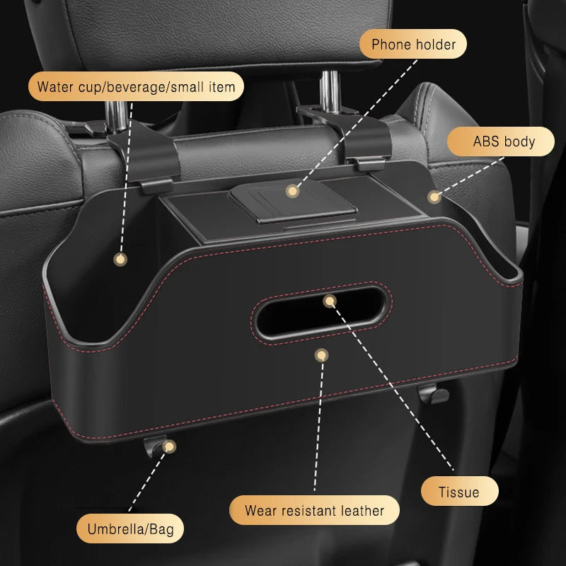Car Backseat 3-in-1 Organizer Storage Box — Cup Holder, Tissue & Phone Slot with Hooks | 4 Colors