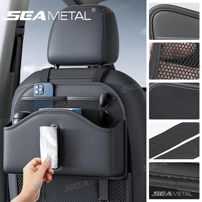 SEAMETAL Car Back Seat Organizer — PU Leather Multi-Pocket Seatback Storage Bag with Tissue Holder