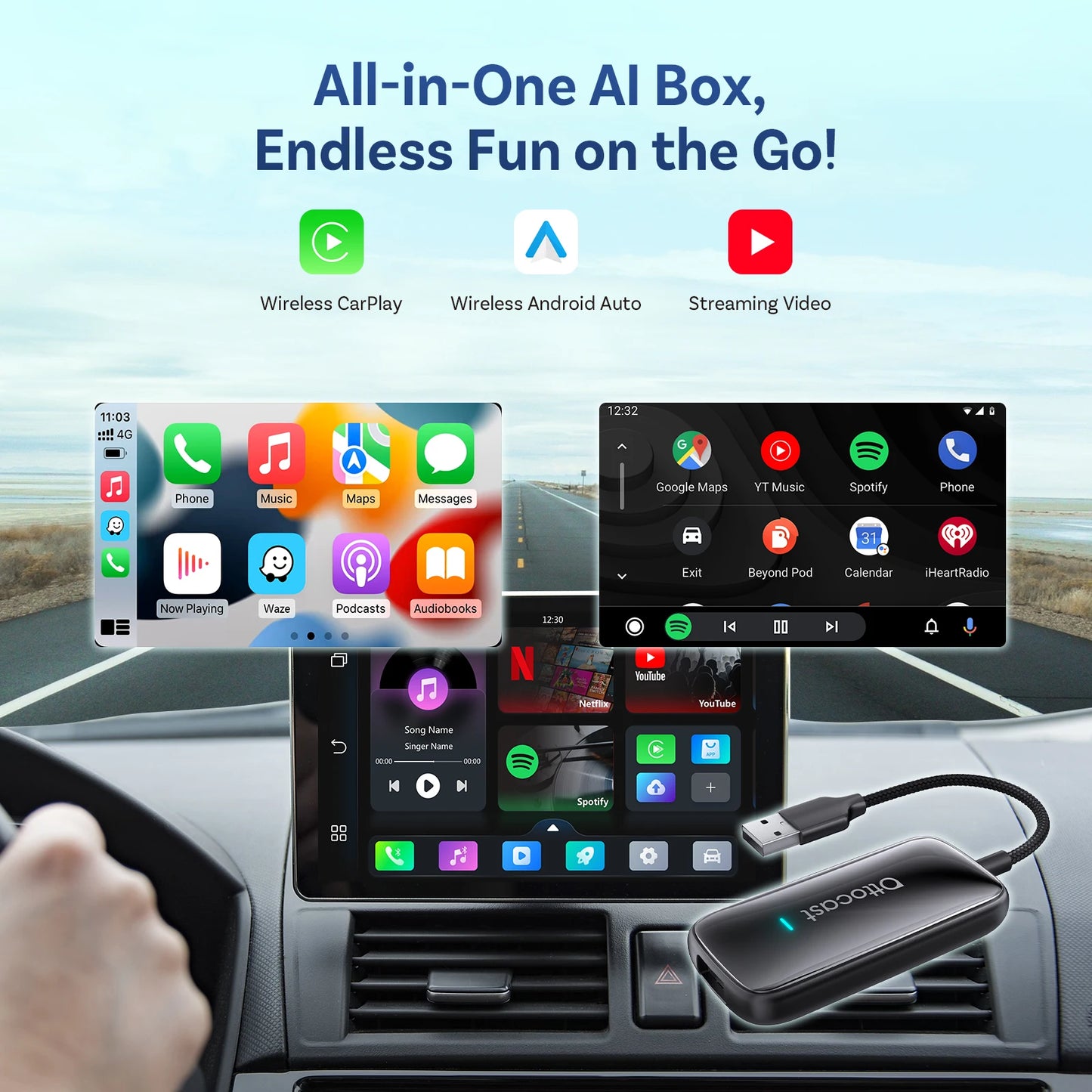 OTTOCAST Play2Video Ultra Wireless CarPlay AI Box Video Streaming for Car YouTube Netflix IPTV Plug&Play for Factory Wired CarPl