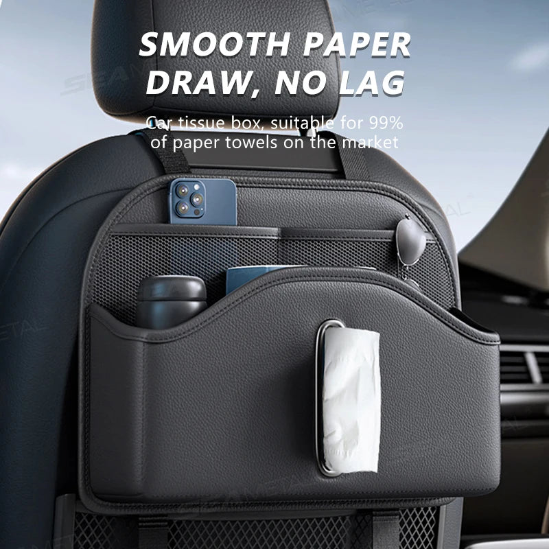 SEAMETAL Car Back Seat Organizer — PU Leather Multi-Pocket Seatback Storage Bag with Tissue Holder