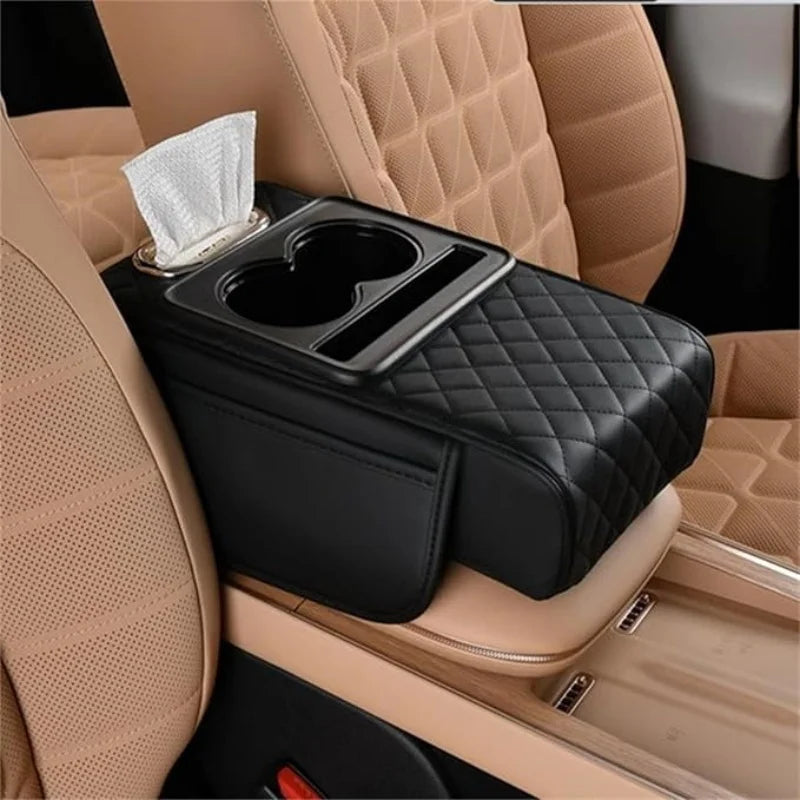 Car Center Console Cover — Nappa Leather Armrest Cushion with Cup Holders, Phone Slot & Storage | 2 Colors