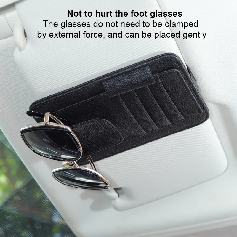 Car Sun Visor Organizer — PU Leather Glasses, Card & Bill Holder Clip | Black & Beige