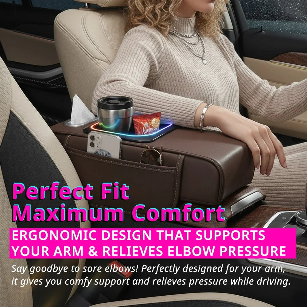 Multifunctional Car Armrest Cushion — Center Console Organizer with Fast Charger, LED Light & Storage | 5 Colors