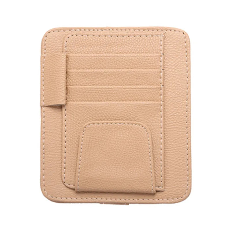 Car Sun Visor Organizer — PU Leather Glasses, Card & Bill Holder Clip | Black & Beige