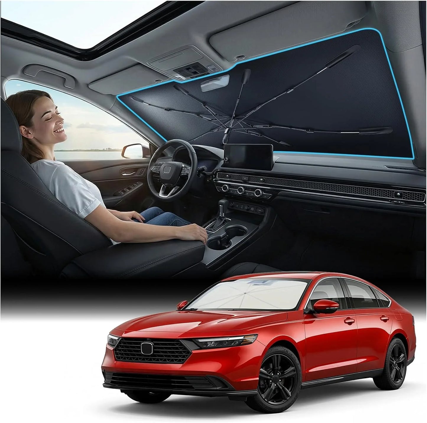 Car Windshield Sun Shade Umbrella [2026 Upgrade Sun Protection & Keep Cool] Protect Interior, 360° Flex Handle Sun Shield Sunshade, Medium  for Most Car