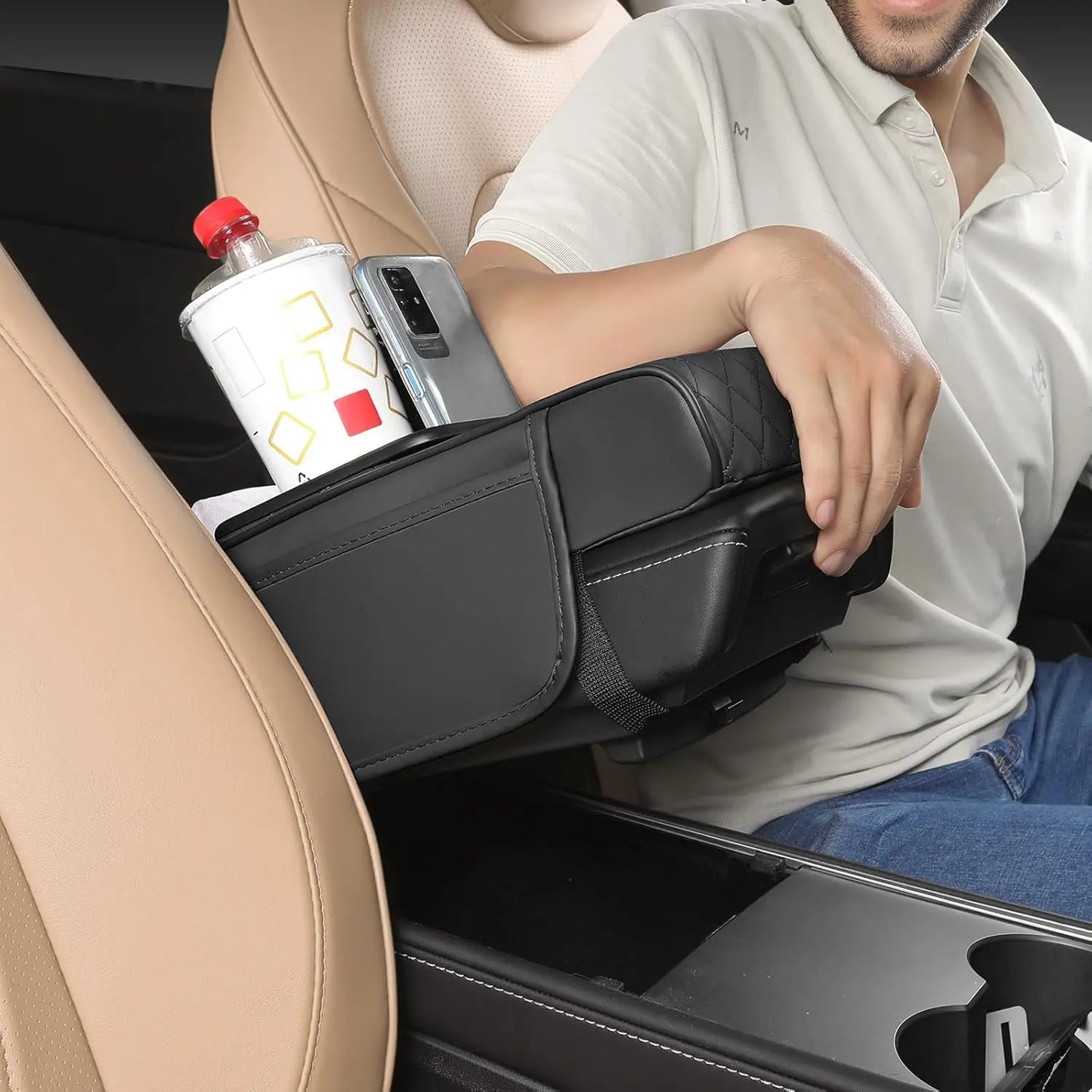Car Center Console Cover — Nappa Leather Armrest Cushion with Cup Holders, Phone Slot & Storage | 2 Colors