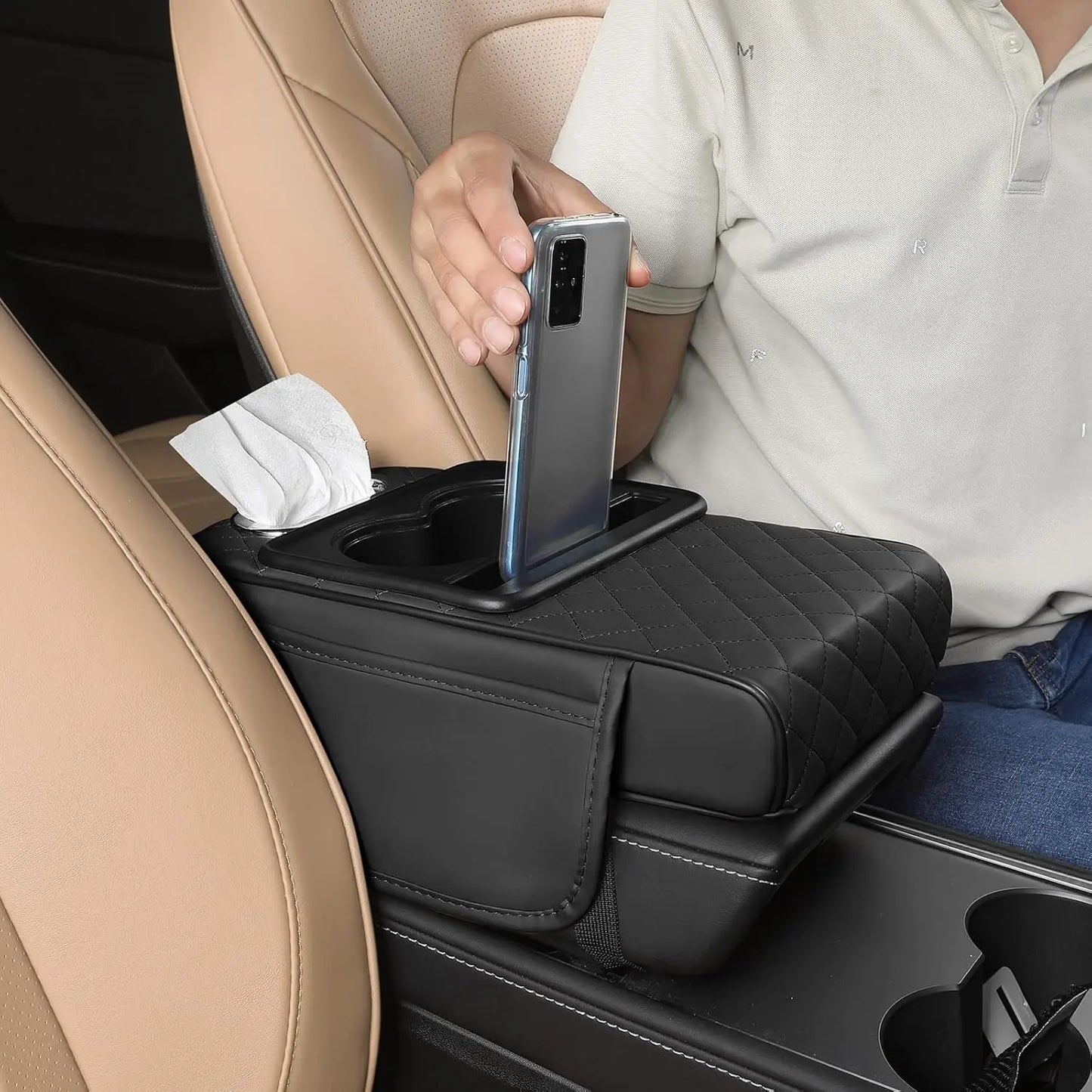 Car Center Console Cover — Nappa Leather Armrest Cushion with Cup Holders, Phone Slot & Storage | 2 Colors