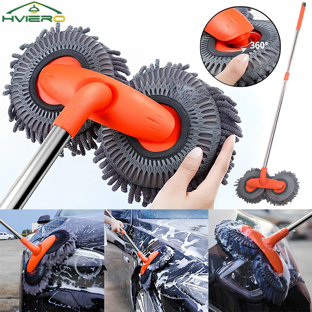 HVIERO Microfiber Car Wash Mop — 360° Rotating Long Handle Brush for Cars, SUVs & Trucks