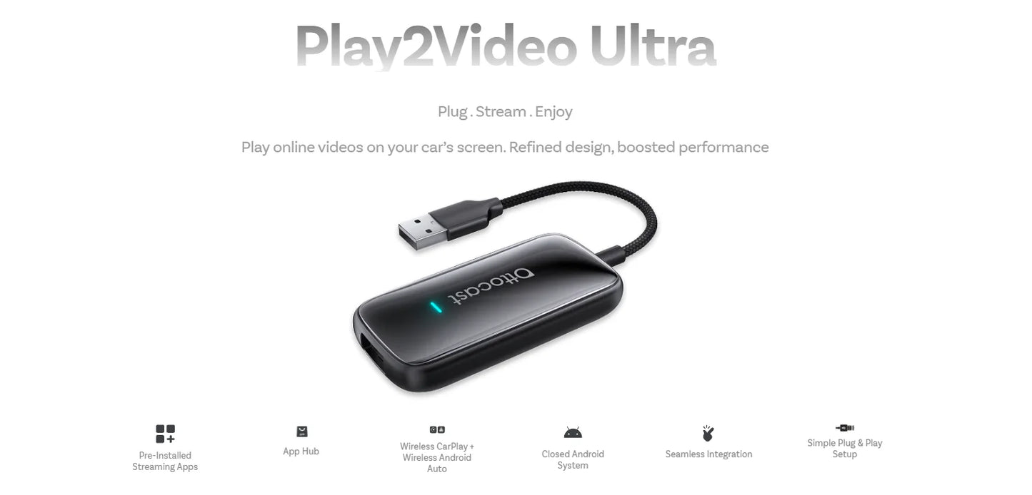 OTTOCAST Play2Video Ultra Wireless CarPlay AI Box Video Streaming for Car YouTube Netflix IPTV Plug&Play for Factory Wired CarPl