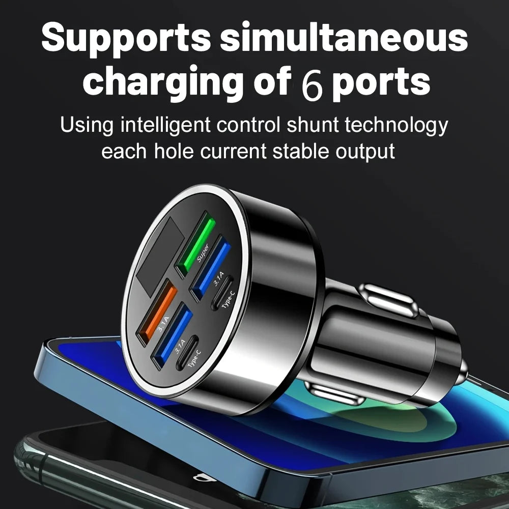 6-in-1 Fast Charging Car Adapter — 3.1A Dual USB-C with Digital Display | Portable Car Charger