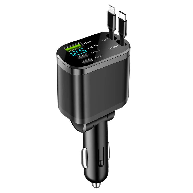 5-in-1 Car Charger | PD Fast Charging + Retractable Cable